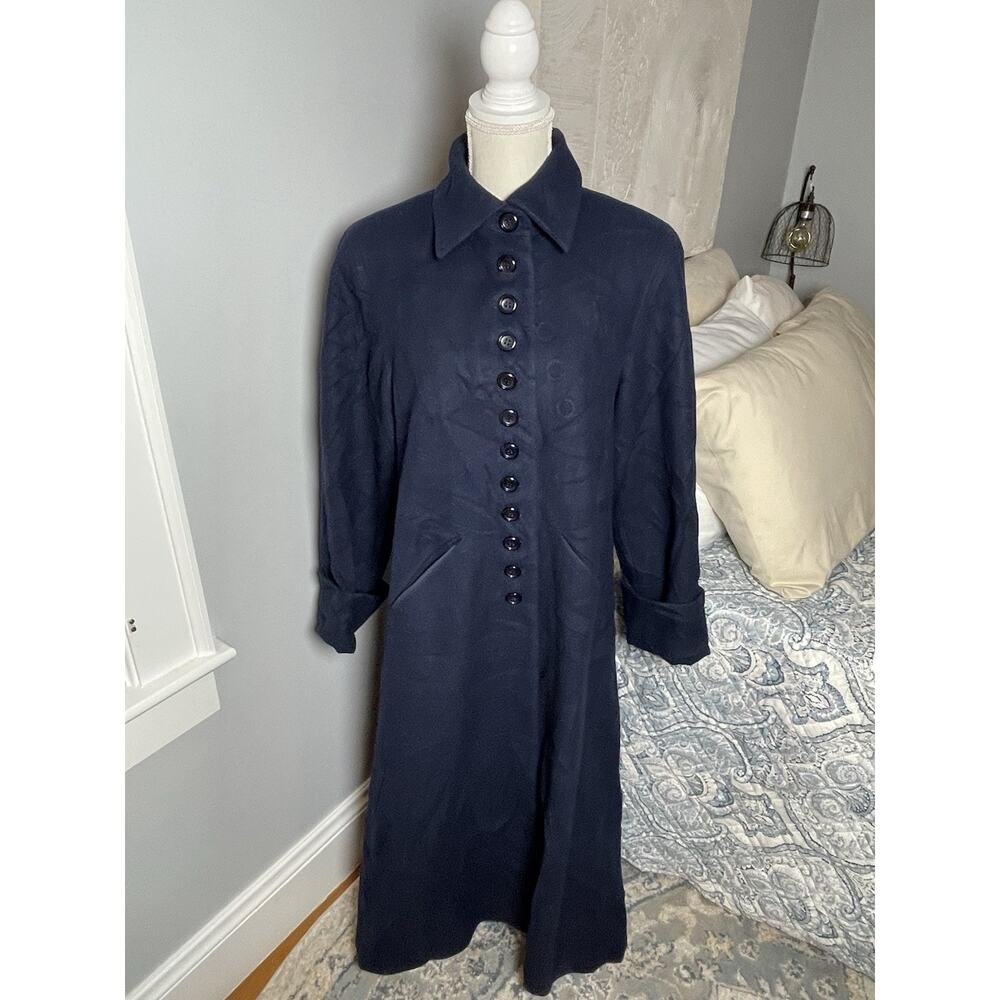 Vintage 90s Wool Maxi Coat Women 10 Navy Long Button Front Minimalist Academia